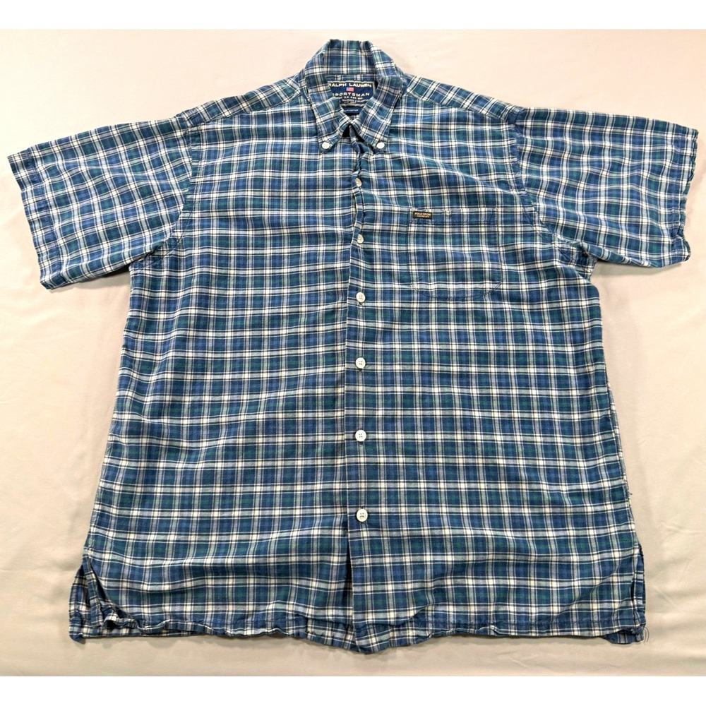 Ralph Lauren Sportsman Men's L Blue Green Plaid Button Down Cotton SS Pockets